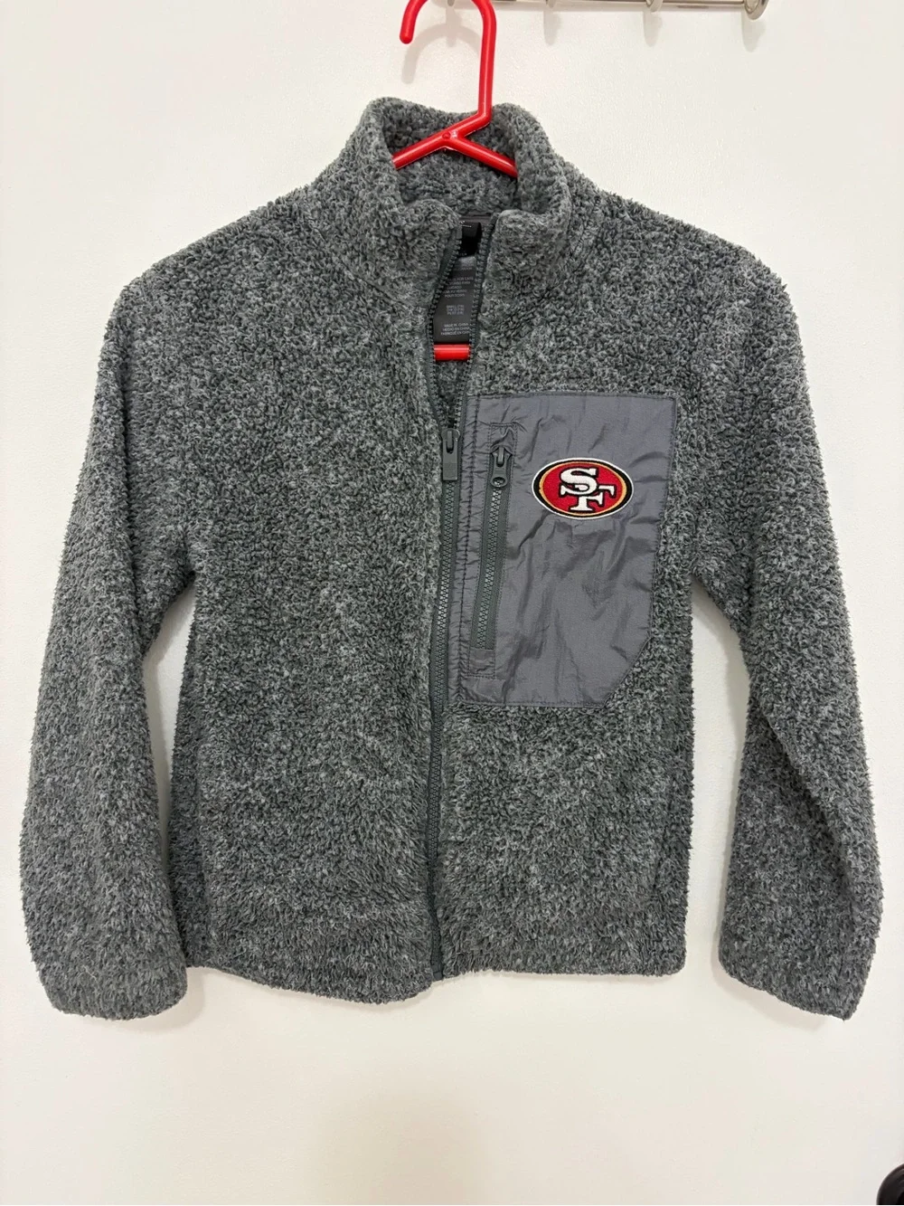 NFL 49ers Kids Gray Sherpa Puffer Jacket with Team Patch